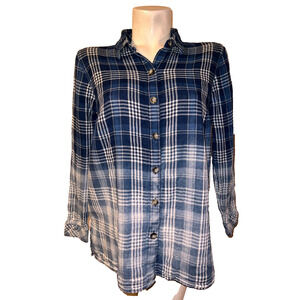 J. JILL Top Women's Size S Petite Blue Ombré Plaid Cotton Flannel Button Shirt